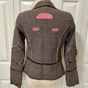 Denis Vintage Tweed Herringbone Brown Distressed Embroidered Blazer